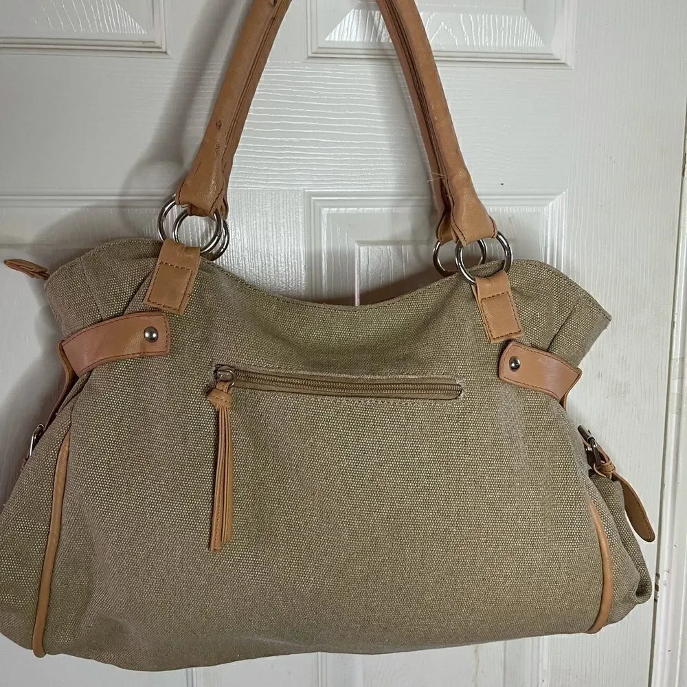 Cato canvas khaki & tan faux leather satchel  with silver tone hardwares .